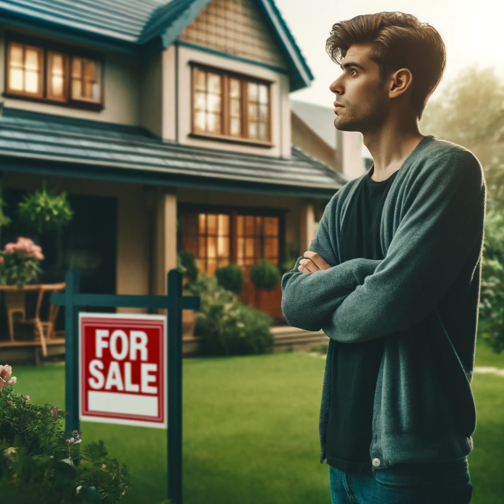 A person standing in front of a house with a 'For Sale' sign, looking reflective and emotional.