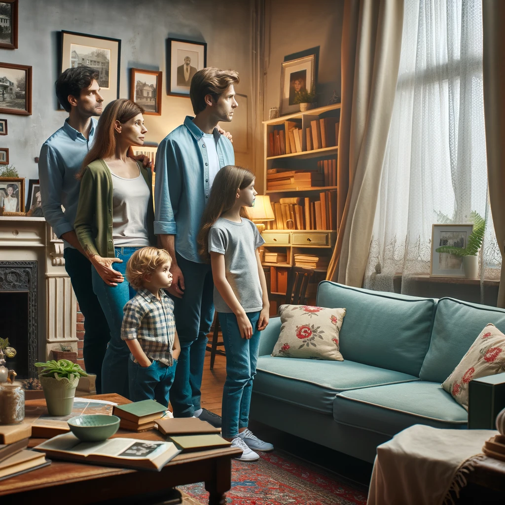 A family standing in the living room of a house, looking nostalgic and emotional, surrounded by personal touches and family photos.