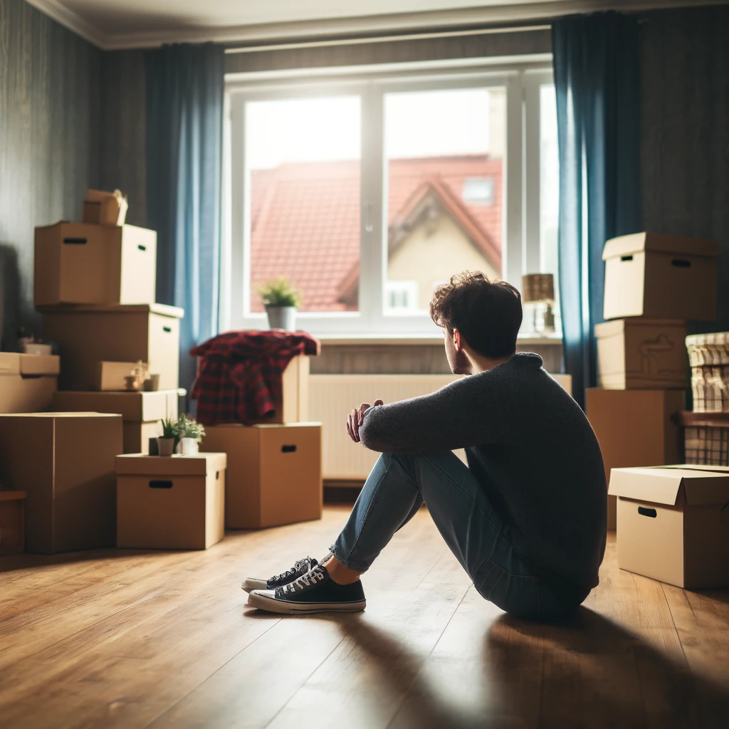 A person sitting on the floor of an empty room, surrounded by packed boxes, looking contemplative and sad.
