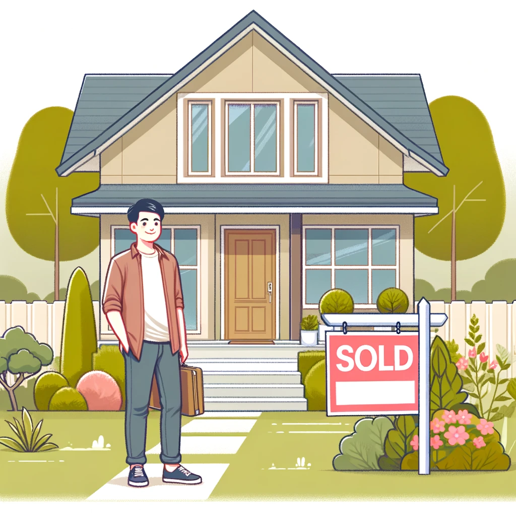 A person standing in front of a new house, looking hopeful and excited, with a 'Sold' sign in front.