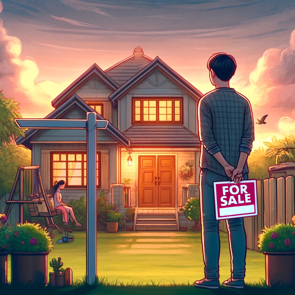 The person stands at the front door of their home, holding a 'For Sale' sign, looking emotional and contemplative. The cozy, well-loved house in the background features a lush garden and personal touches, while the sunset sky symbolizes the end of one chapter and the beginning of another.