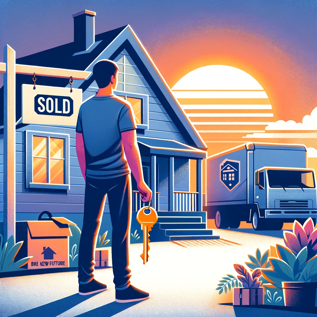 A person standing in front of their sold house, looking reflective yet hopeful, with a 'Sold' sign, a moving truck, and the sun setting in the background.