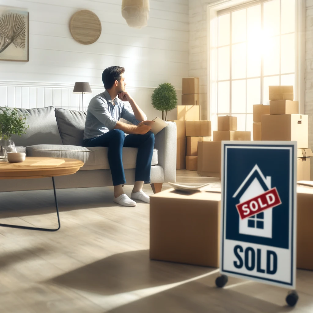 A person sitting in a modern living room, surrounded by packing boxes and a 'Sold' sign, looking contemplative.