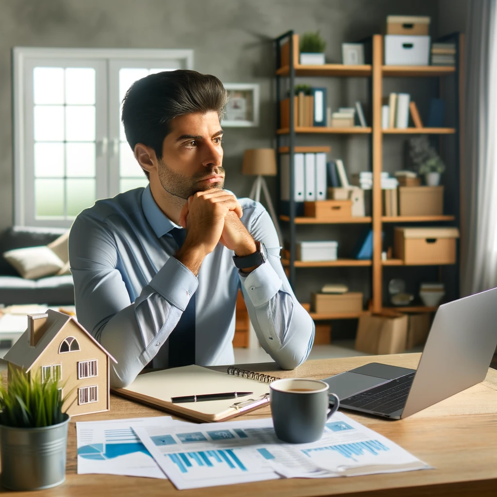 A person sitting at a desk with a thoughtful expression, surrounded by paperwork and a laptop.