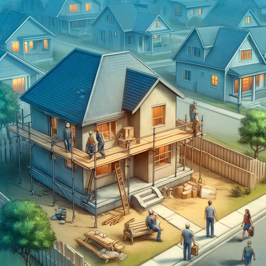 A neighborhood scene with a house under renovation, symbolizing growth and development.