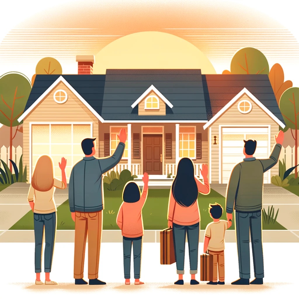 A family standing in front of their sold house, waving goodbye to their neighbors with a setting sun in the background, symbolizing the end of one chapter and their impact on the community.