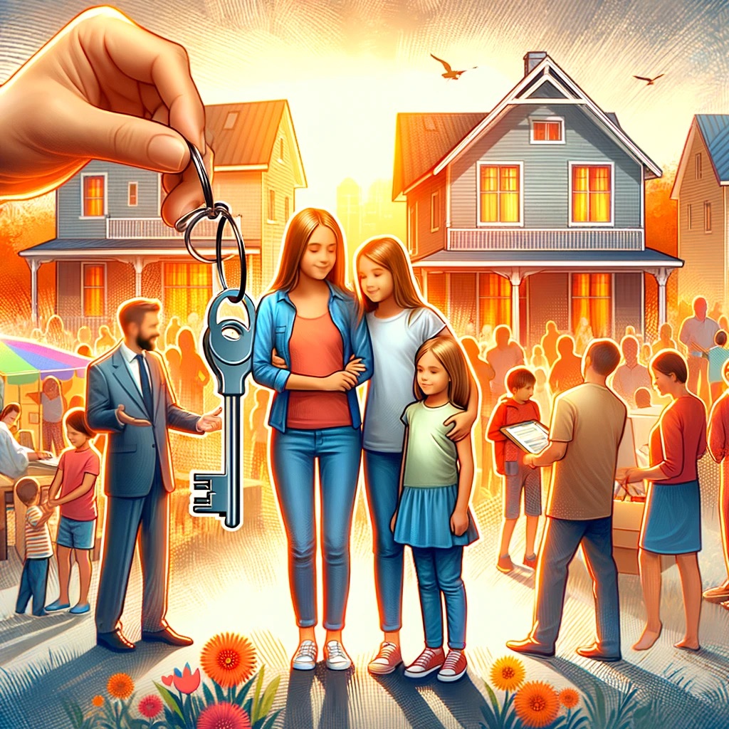 It depicts a real estate agent standing with a family in front of a house, holding a key, in a vibrant, close-knit neighborhood with people interacting, children playing, and community events happening. The warm and welcoming atmosphere symbolizes the lasting impact of the real estate journey on the community.