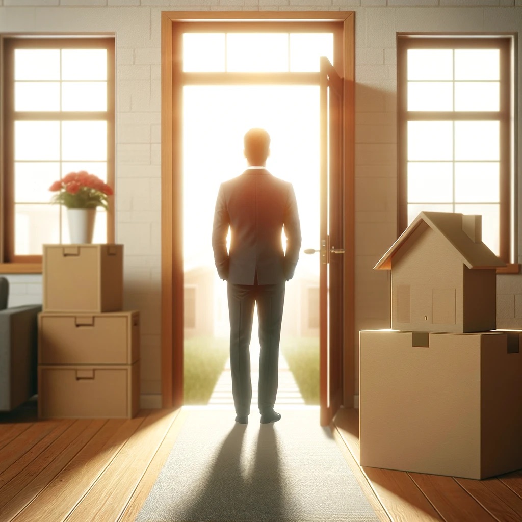 A person standing at the entrance of a new home, looking ahead with determination and hope, capturing the essence of embarking on a new chapter with confidence.