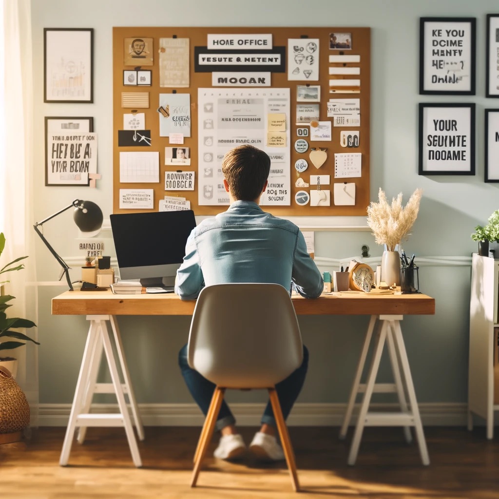 A person sitting at a desk in a new home office, looking at a vision board filled with goals and aspirations.