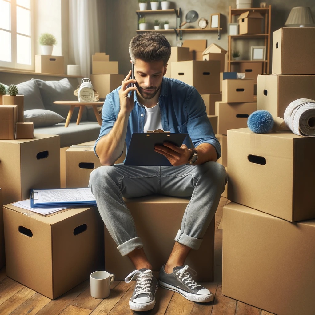 A person surrounded by moving boxes, looking at a checklist and talking on the phone. 