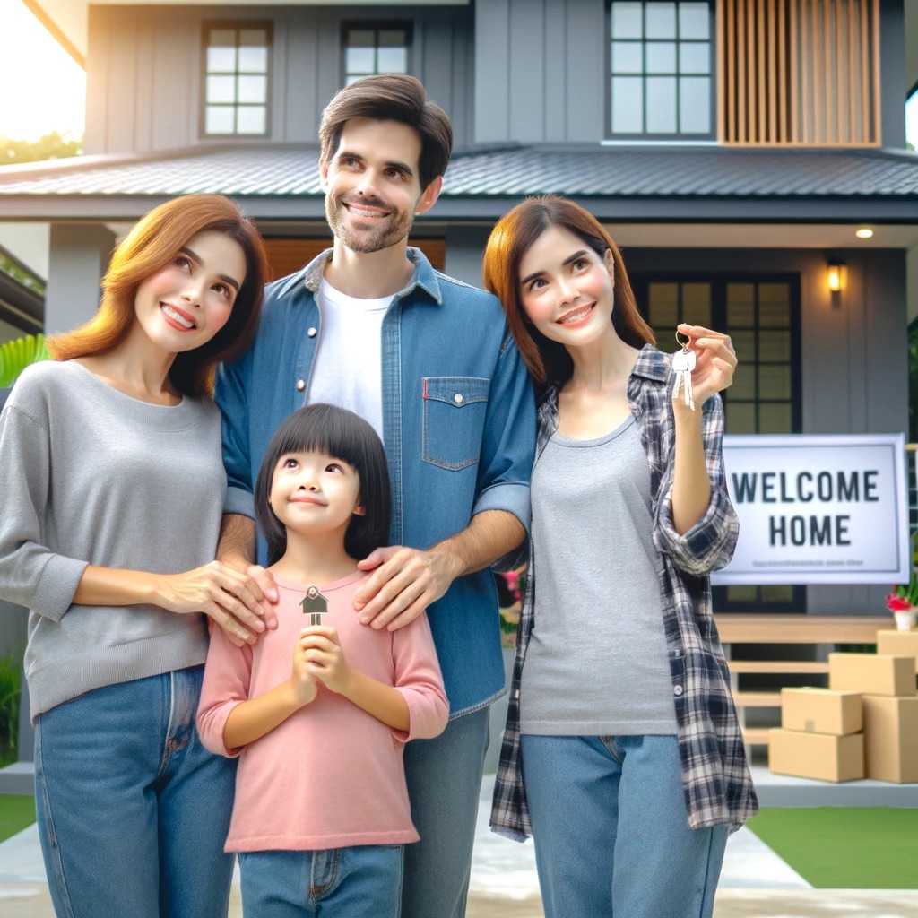 A family standing in front of a new home, holding keys, looking excited and hopeful. 