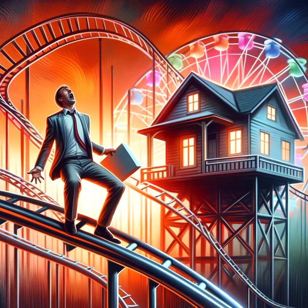 A person standing on a roller coaster, holding on tightly and looking both scared and thrilled, symbolizing the roller-coaster ride of selling a home.