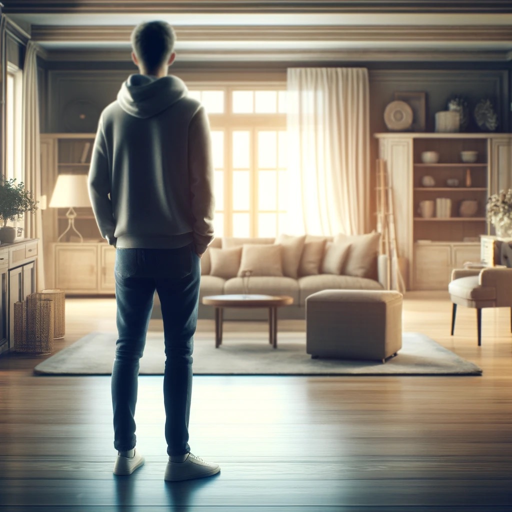 A person standing in a living room, looking around with a mix of nostalgia and sadness.
