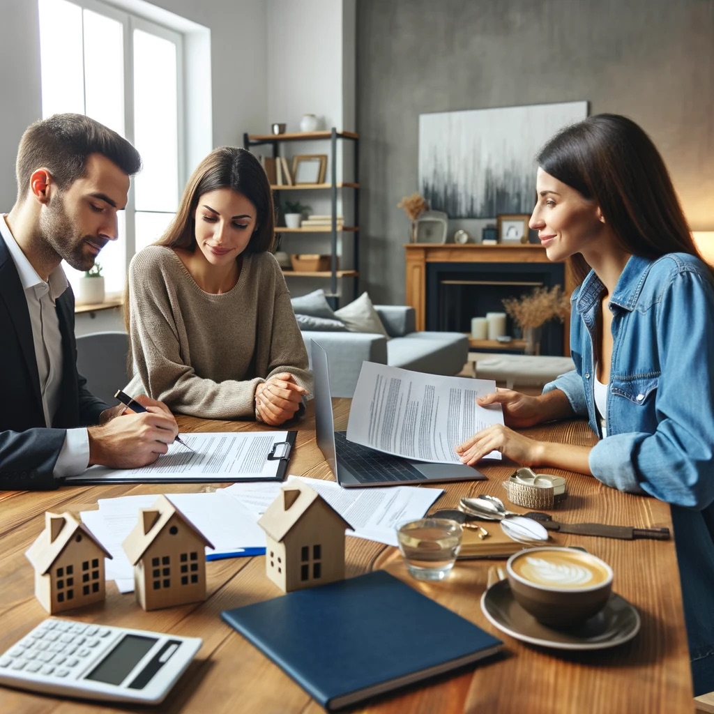 A real estate agent and a couple discussing paperwork at a dining table.
