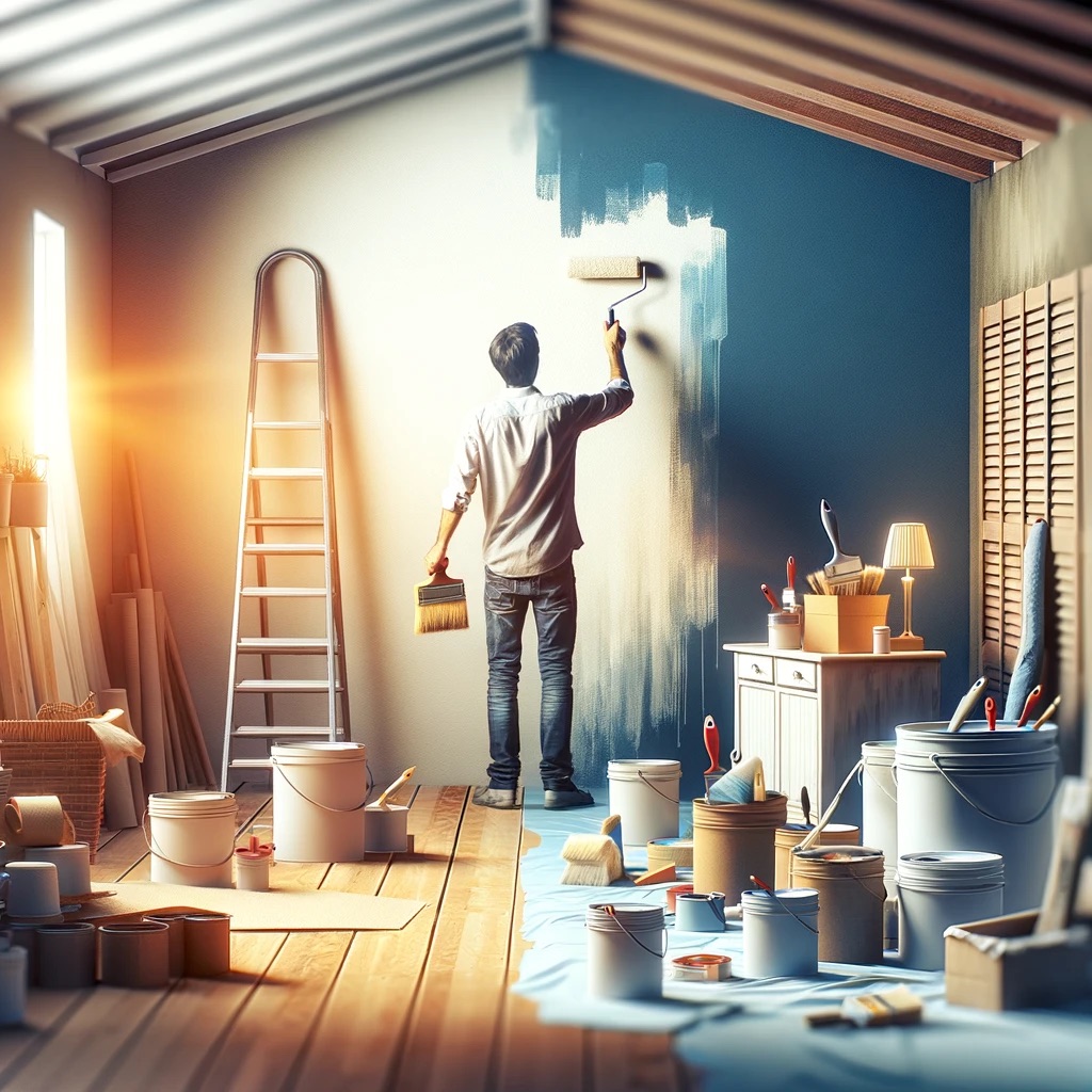 A person painting a wall in a room, surrounded by painting supplies and tools.