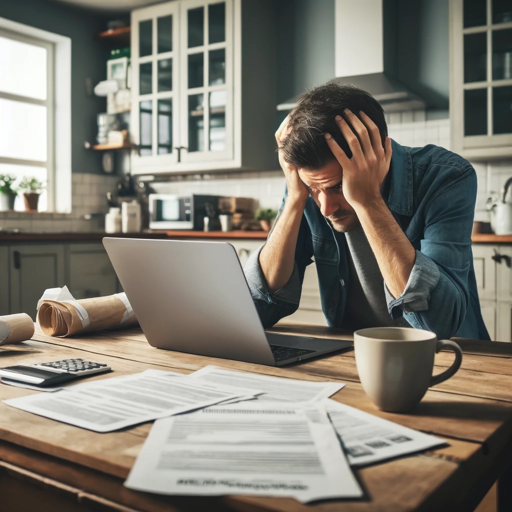 A person sitting at a kitchen table, looking stressed while checking their email on a laptop.