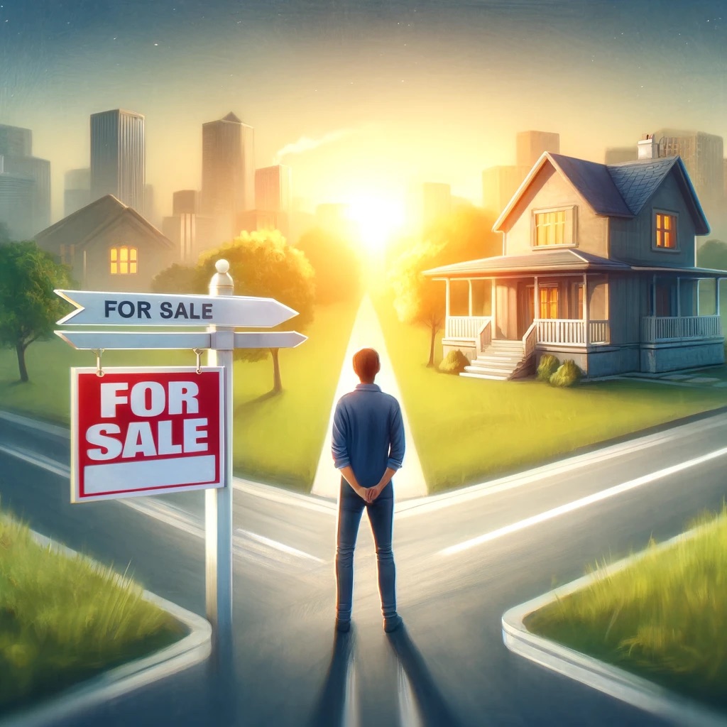 A person standing at a crossroads, with one path leading to a home with a 'For Sale' sign and the other path leading to a new home, symbolizing the challenge of pricing a home and the journey to new adventures.