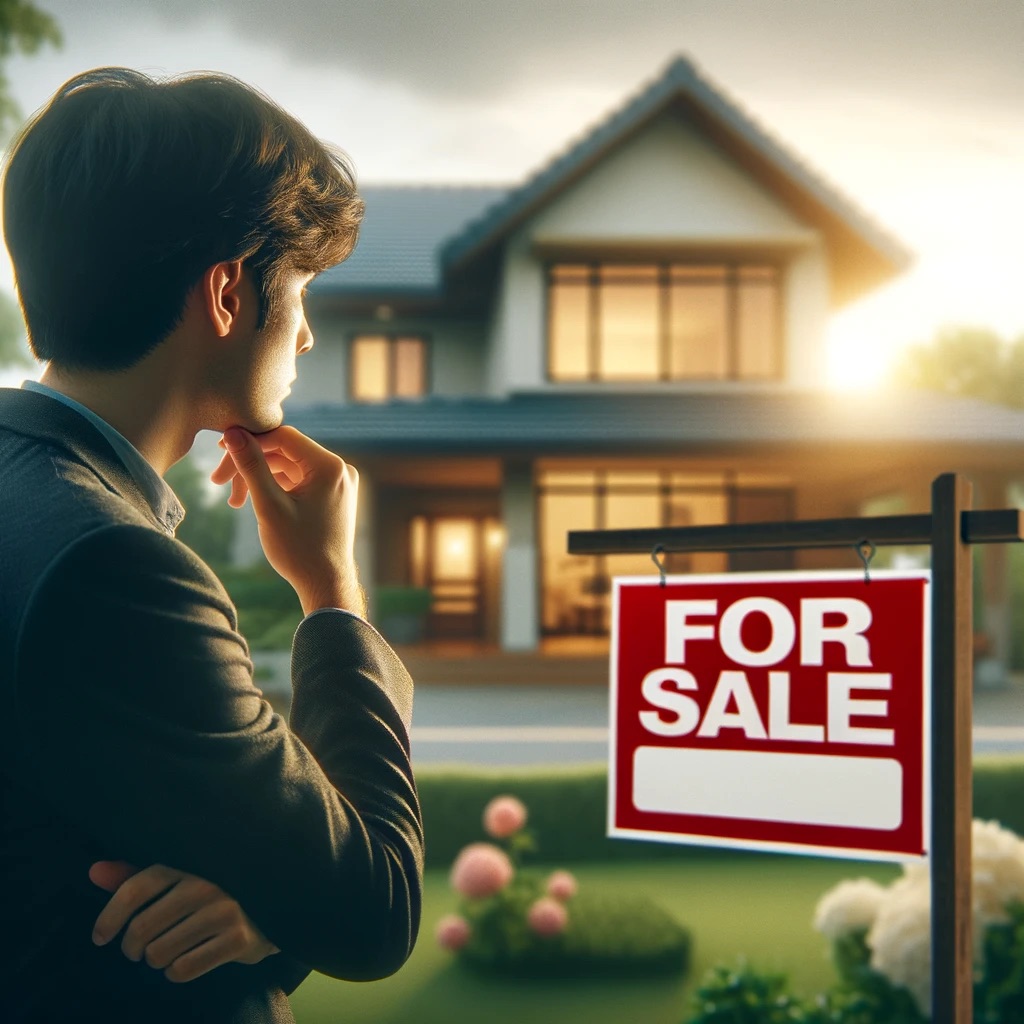 A person looking at a 'For Sale' sign outside their home, looking contemplative.