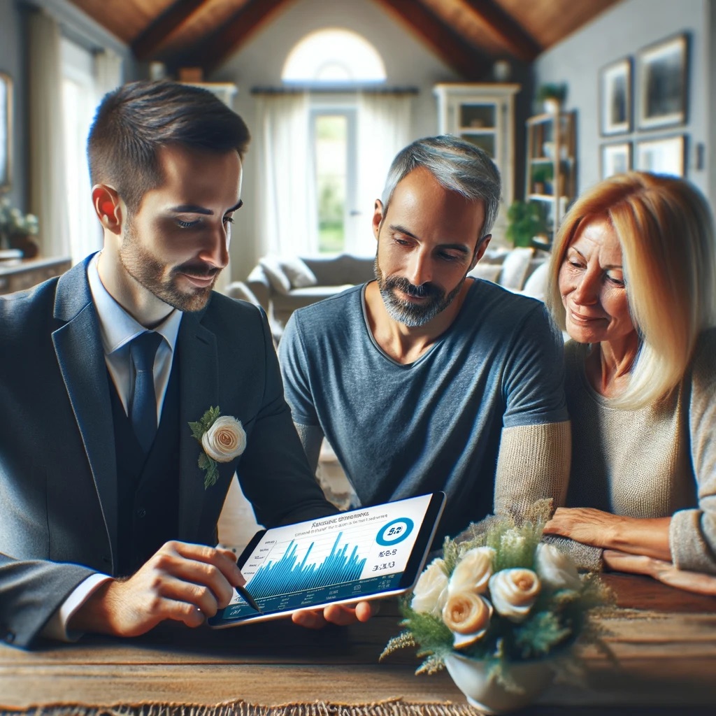 A real estate agent sitting with a couple at a table, showing them market data and comparables on a tablet.