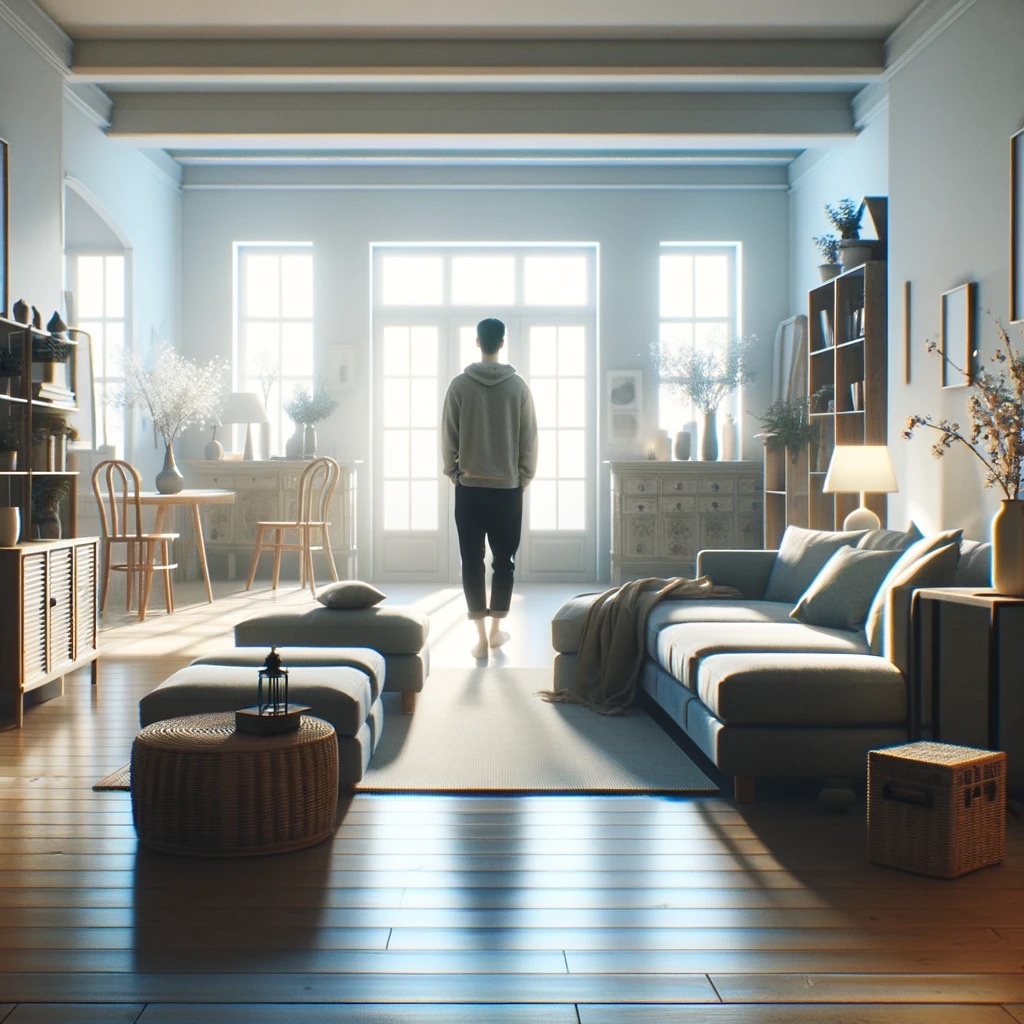 A person walking through a beautifully staged living room, looking nostalgic.