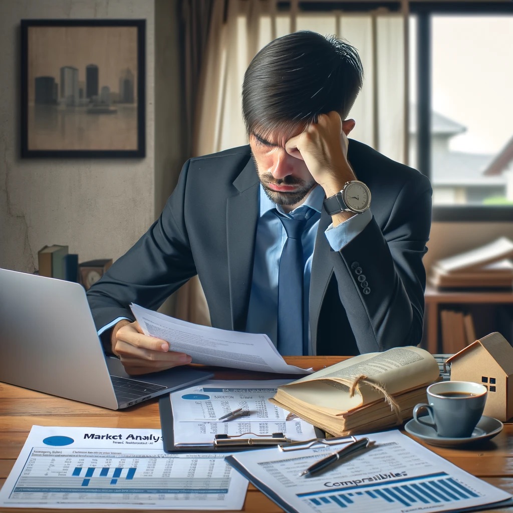 A person sitting at a desk, looking thoughtful and stressed while reviewing market analysis reports and comparables.