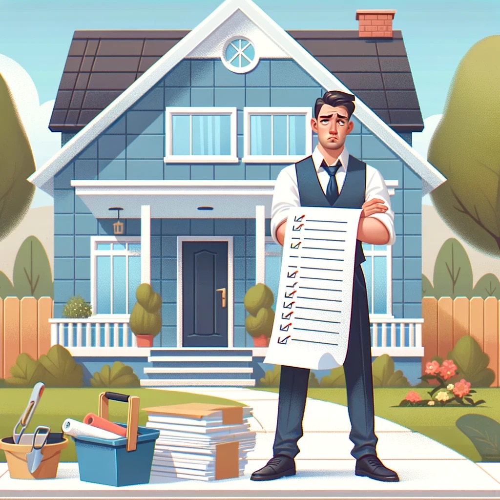 A person standing in front of their home, holding a long to-do list and looking determined yet overwhelmed, with the house showing signs of recent improvements and landscaping.