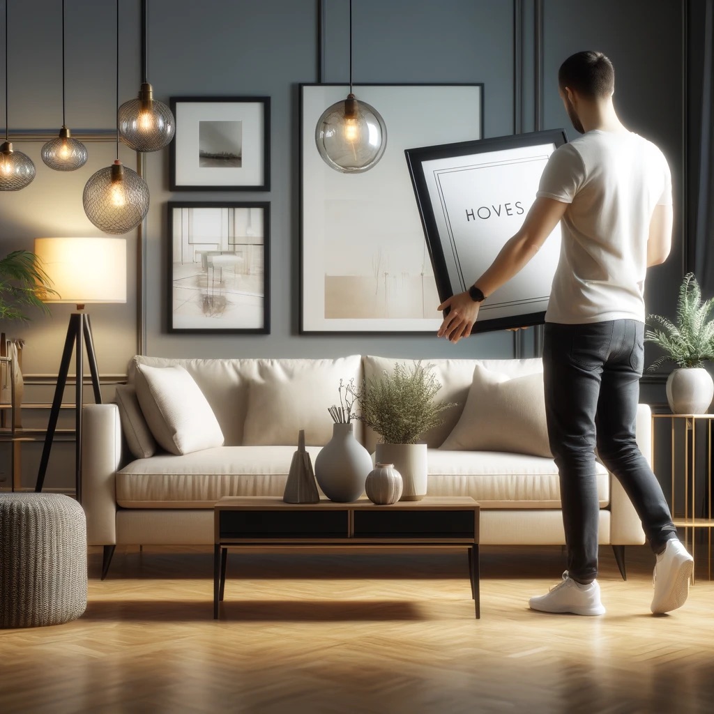 A person arranging furniture and decor in a living room to stage it for sale.