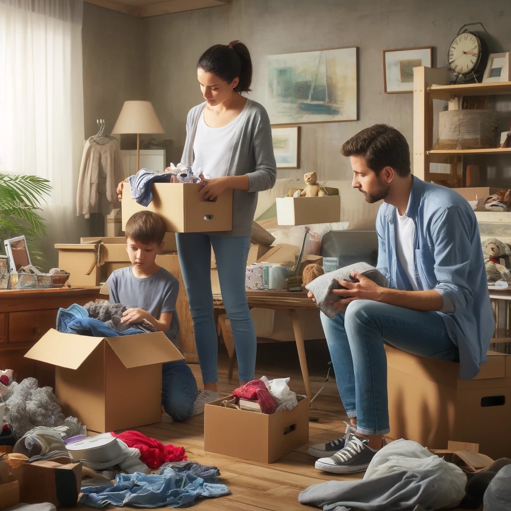 A family sorting through belongings in a cluttered room, deciding what to keep, donate, or throw away.