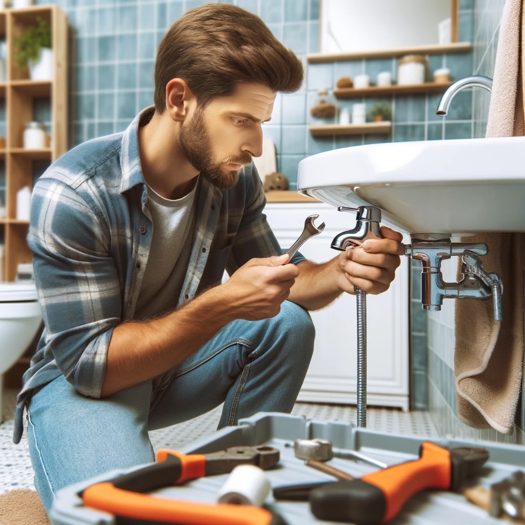 A person fixing a leaky faucet in the bathroom, looking determined and focused.