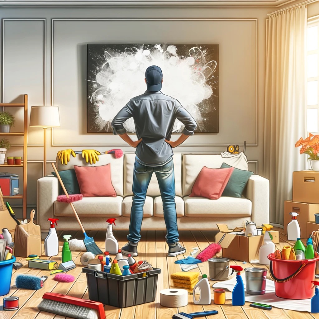 A person standing in a living room, surrounded by cleaning supplies and tools, looking overwhelmed by the tasks.