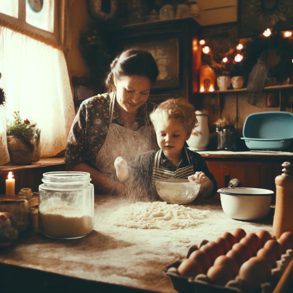 A nostalgic scene in a family kitchen. A mother and child are baking together, flour dusting the counter and the child’s face. Holiday decorations are subtly visible, suggesting memories of past celebrations. The atmosphere is cozy and filled with warmth, capturing the essence of cherished family moments.